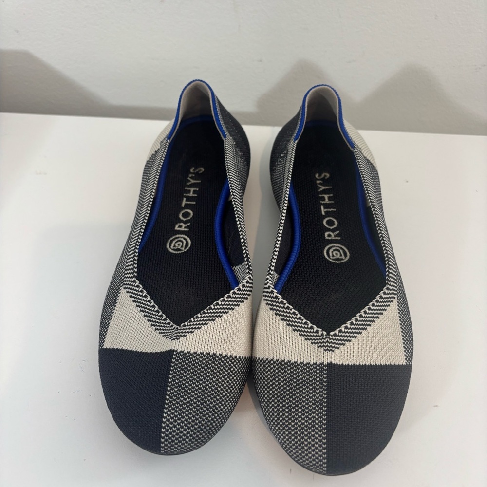 Rothy’s Women W8.5 Flat Round Cap Toe Plaid Black Cream Preppy Casual Comfy